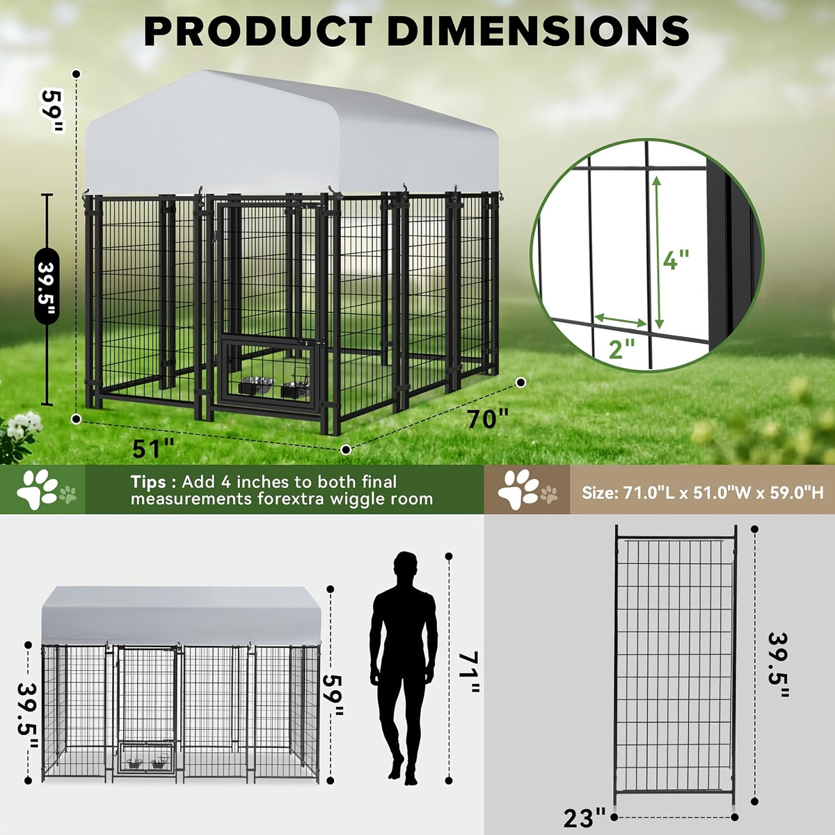 Outdoor Dog Enclosure with Welded Wire Panels, Locking Door and UV-Resistant Roof Cover, Three Size Options for Supervised Backyard Use