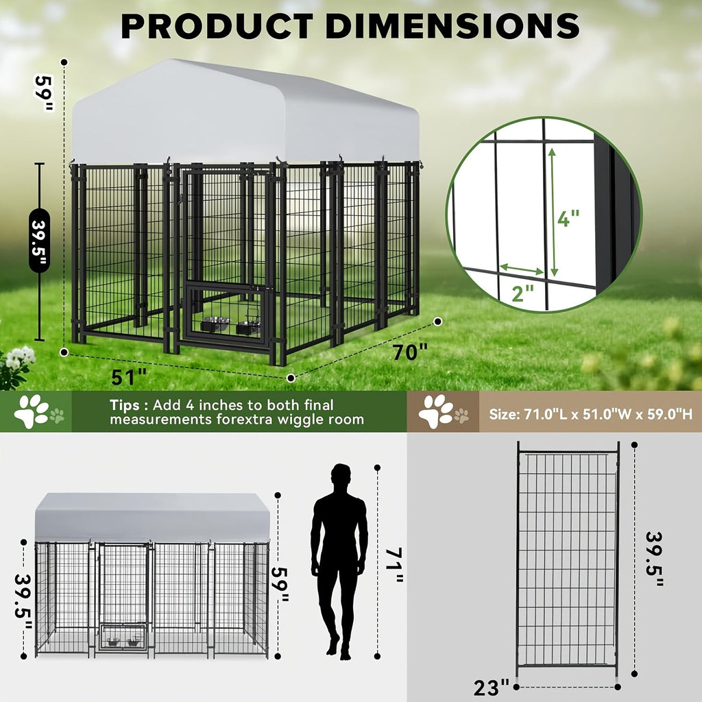 Outdoor Dog Enclosure with Welded Wire Panels, Locking Door and UV-Resistant Roof Cover, Three Size Options for Supervised Backyard Use