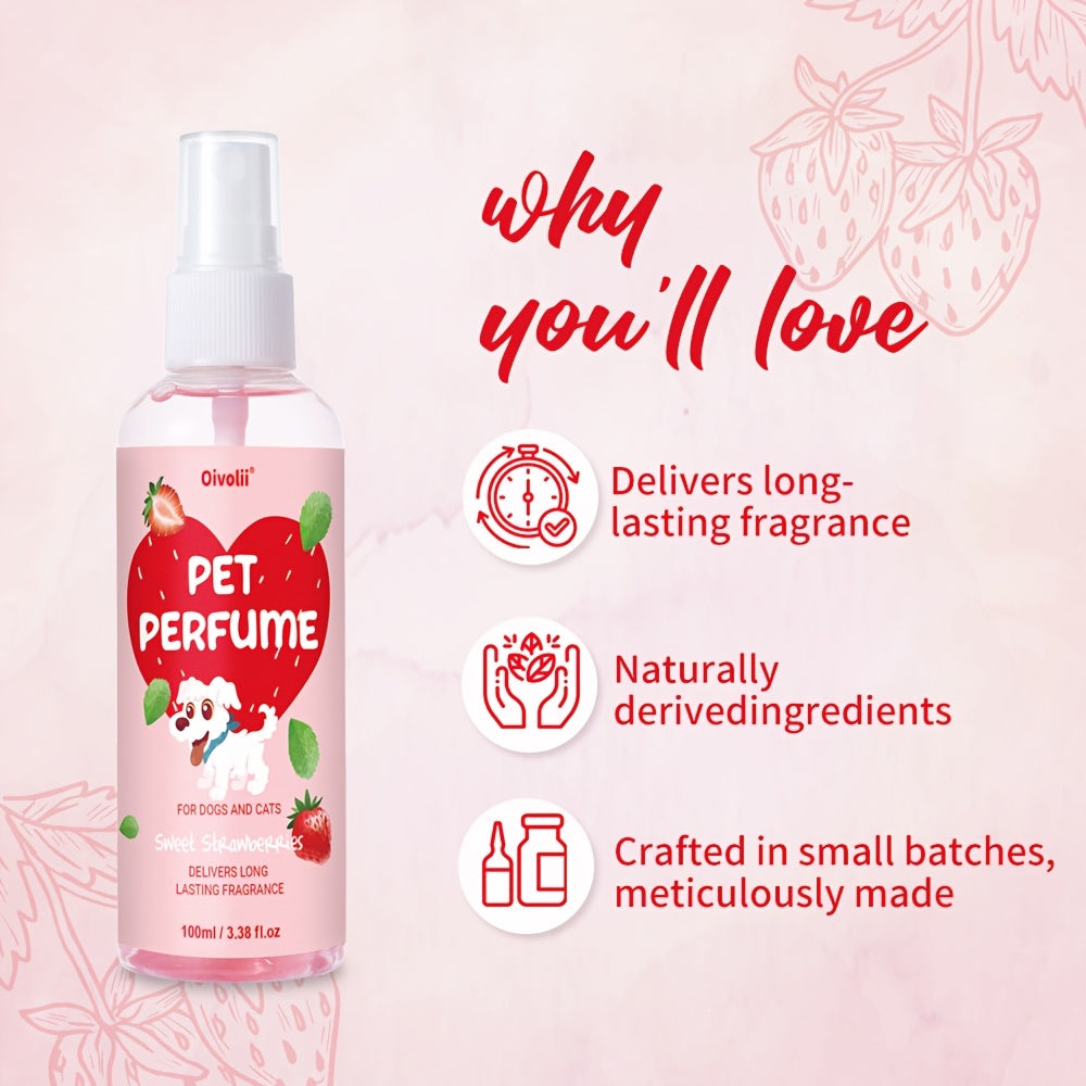 Dog Perfume Spray with Sweet Strawberry Scent, 100ml Pet Cologne and Deodorizing Mist for Label-Directed Coat and Bedding Freshening