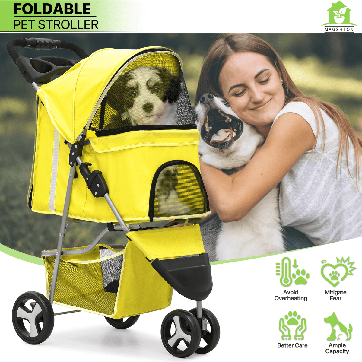 Pet Stroller with Storage Basket and Cup Holder, Magshion Three-Wheel Foldable Pushchair for Small and Medium Dogs and Cats, 14 Color and Pattern Options