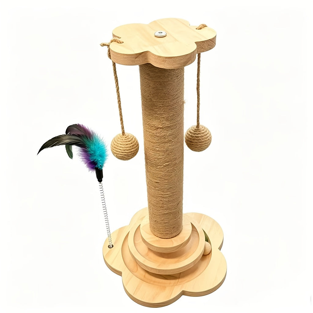 Cat Scratching Post with Six Wooden Balls, Brown Multi-Level Sisal Scratcher with Two Hanging Balls and Two Feather Toys for Indoor Play