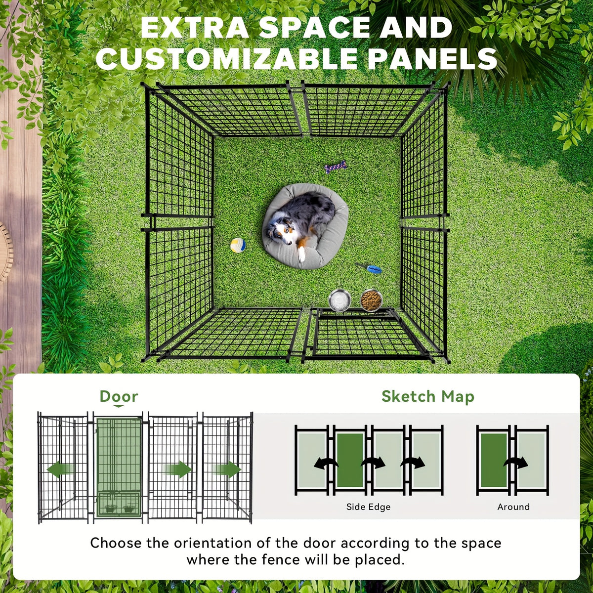 Dog Kennel with Silver Canopy and 2 Rotating Bowls, Welded Steel Outdoor Dog Pen with Lockable Gate, 51-Inch Width and Three Length Options