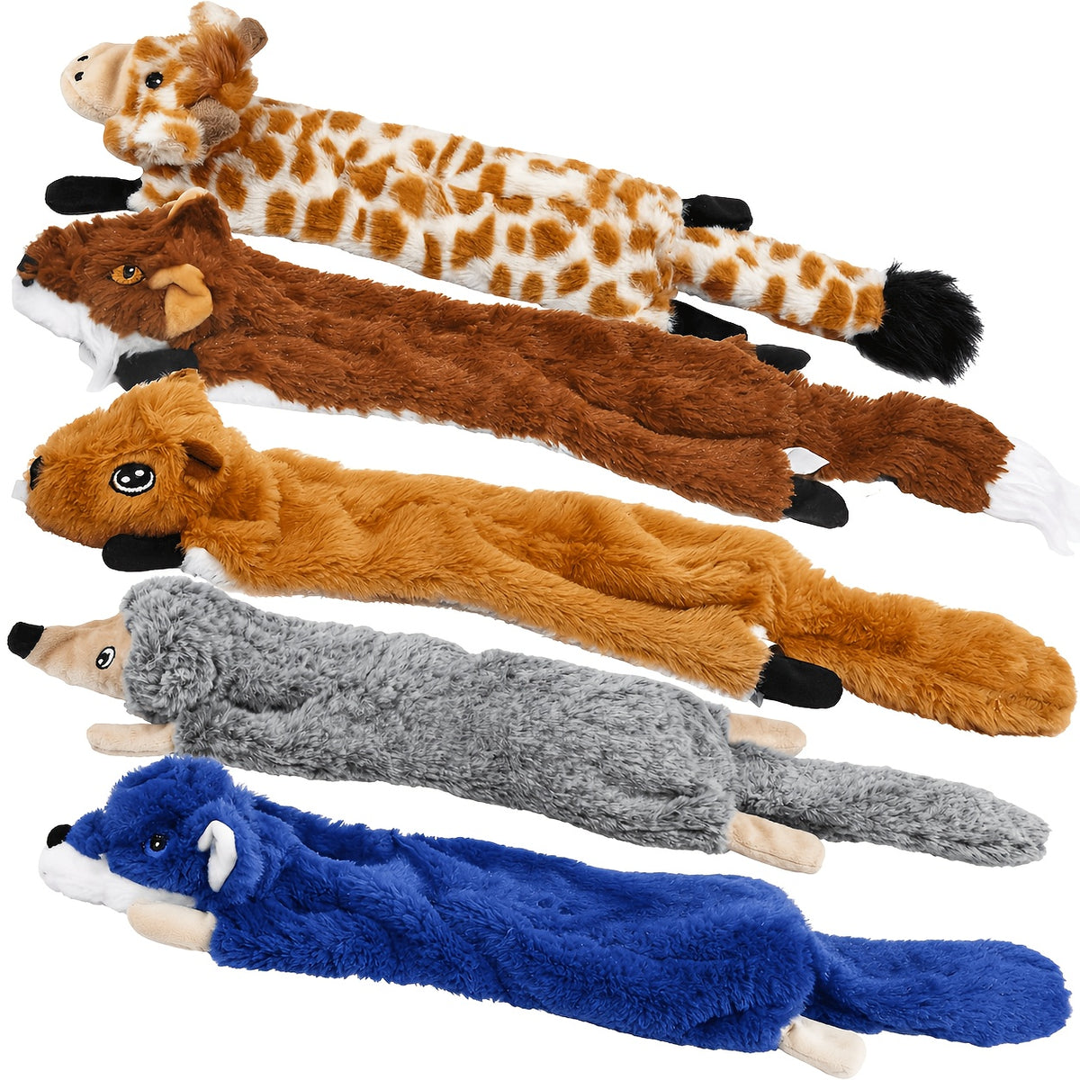 Squeaky Crinkle Dog Toys, No-Stuffing Plush Animal Toys in Brown Squirrel Single or 5-Pack Options for Supervised Puppy Fetch and Indoor Play