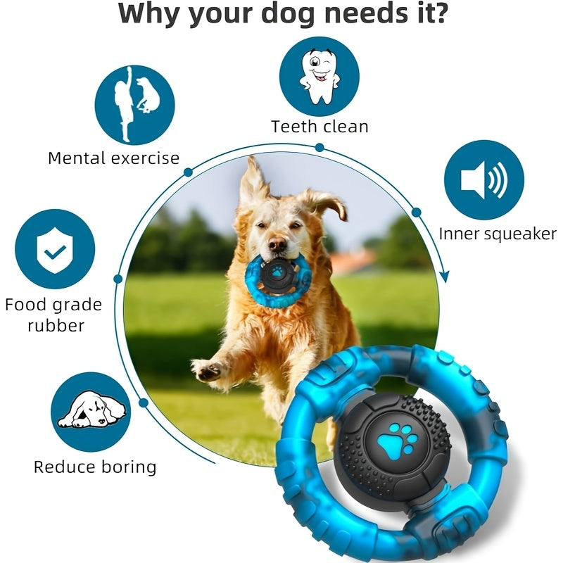 Steering Wheel Dog Chew Toy with Squeaker, Textured Rubber Ring for Large Dogs, Blue or Purple Interactive Fetch Toy for Supervised Play