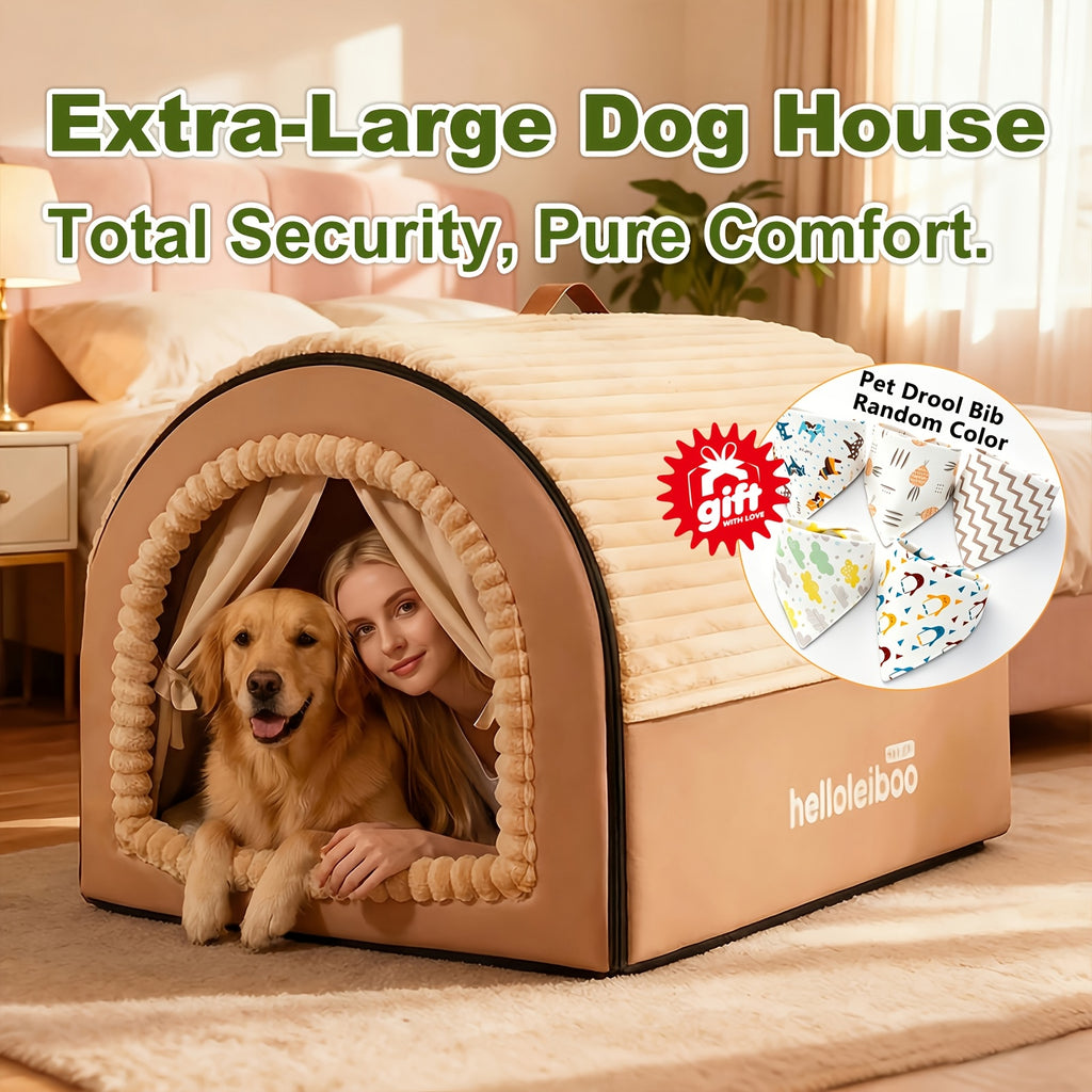 Foldable Indoor Dog House with Lid and Handle, 2-in-1 Brown Pet Tent Cave Bed with Soft Anti-Slip Washable Cushion for Dogs and Cats