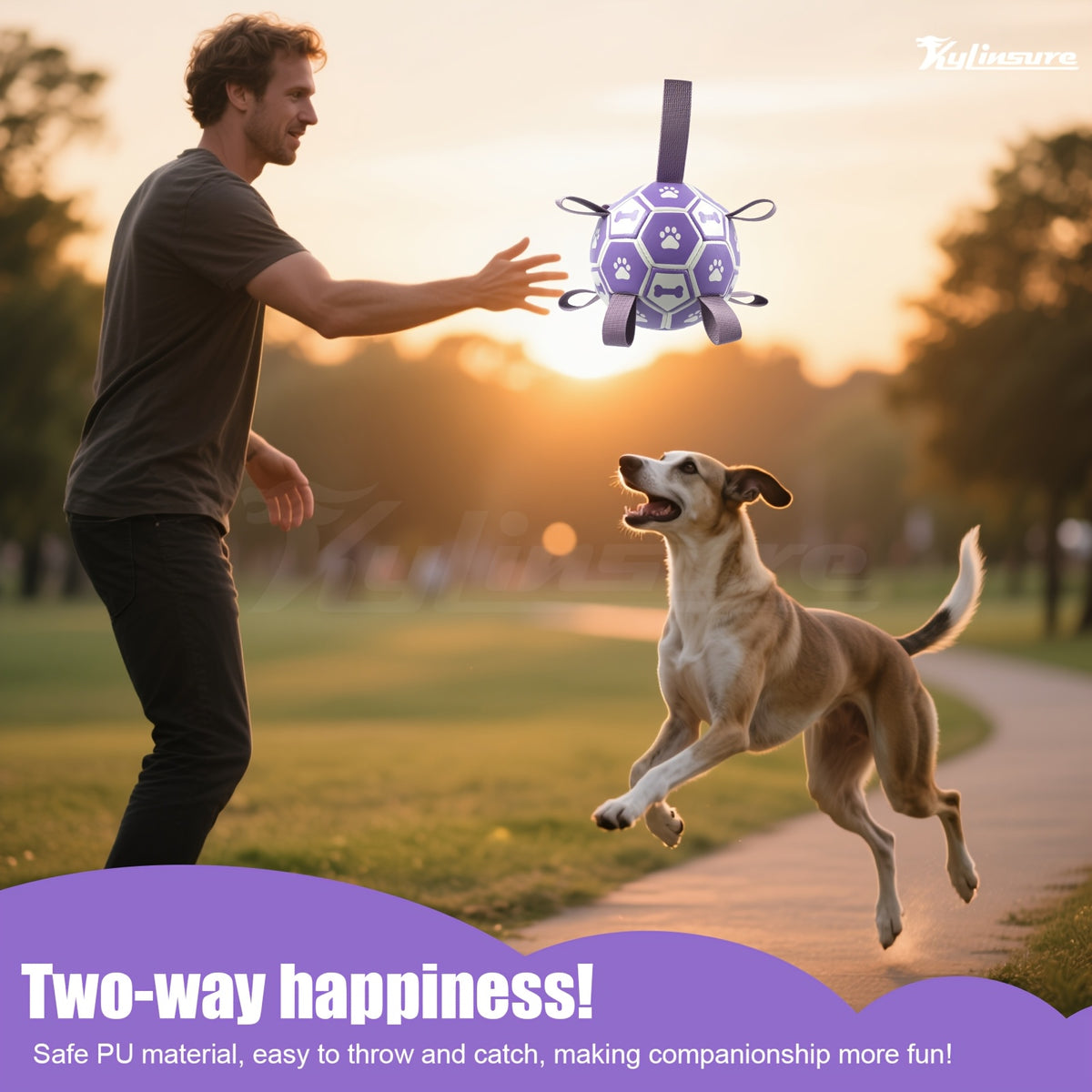 Dog Fetch Ball with Grab Straps, Purple and Gray Paw and Bone Soccer-Style Toy with Pump for Supervised Tug Games, Outdoor Play and Dog Birthday Gifts
