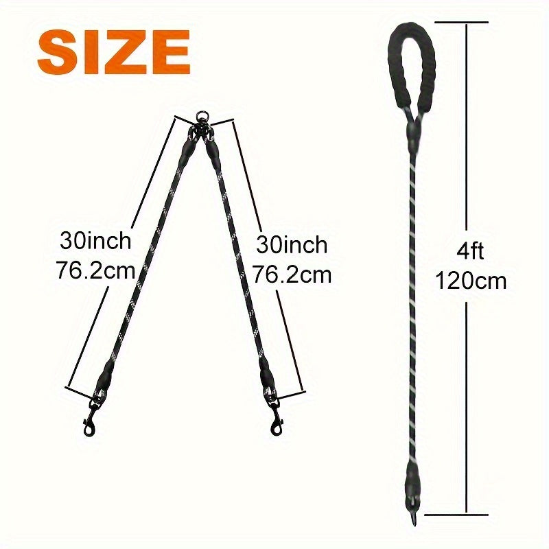 Double Dog Rope Leash with 360-Degree Swivel, Reflective Nylon Lead and Padded Foam Handle for Walking Two Small Dogs or Puppies