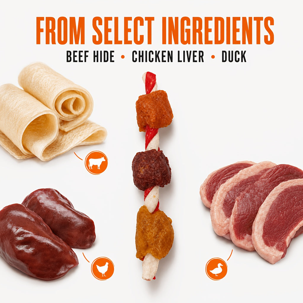Kabob Dog Chew Treats with Chicken Liver and Duck, Skewer-Style Dog Snacks in 100g or 150g Packs for Supervised Chewing and Everyday Rewards