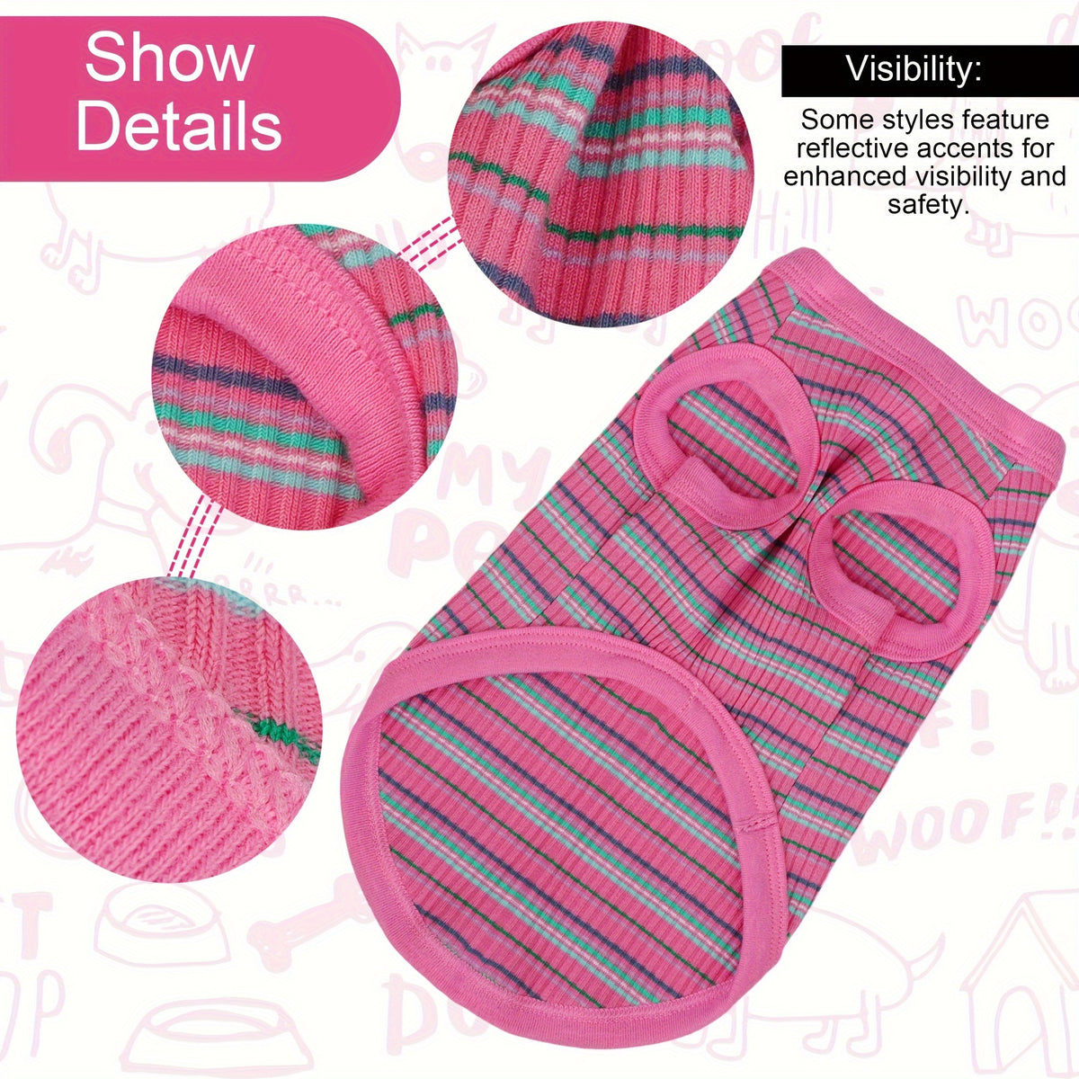 Striped Dog Tank Top with Soft Ribbed Fabric, Sleeveless Pullover Pet Vest for Small Dogs, Six Colors and XS–XXL Size Options, Hand Wash Only