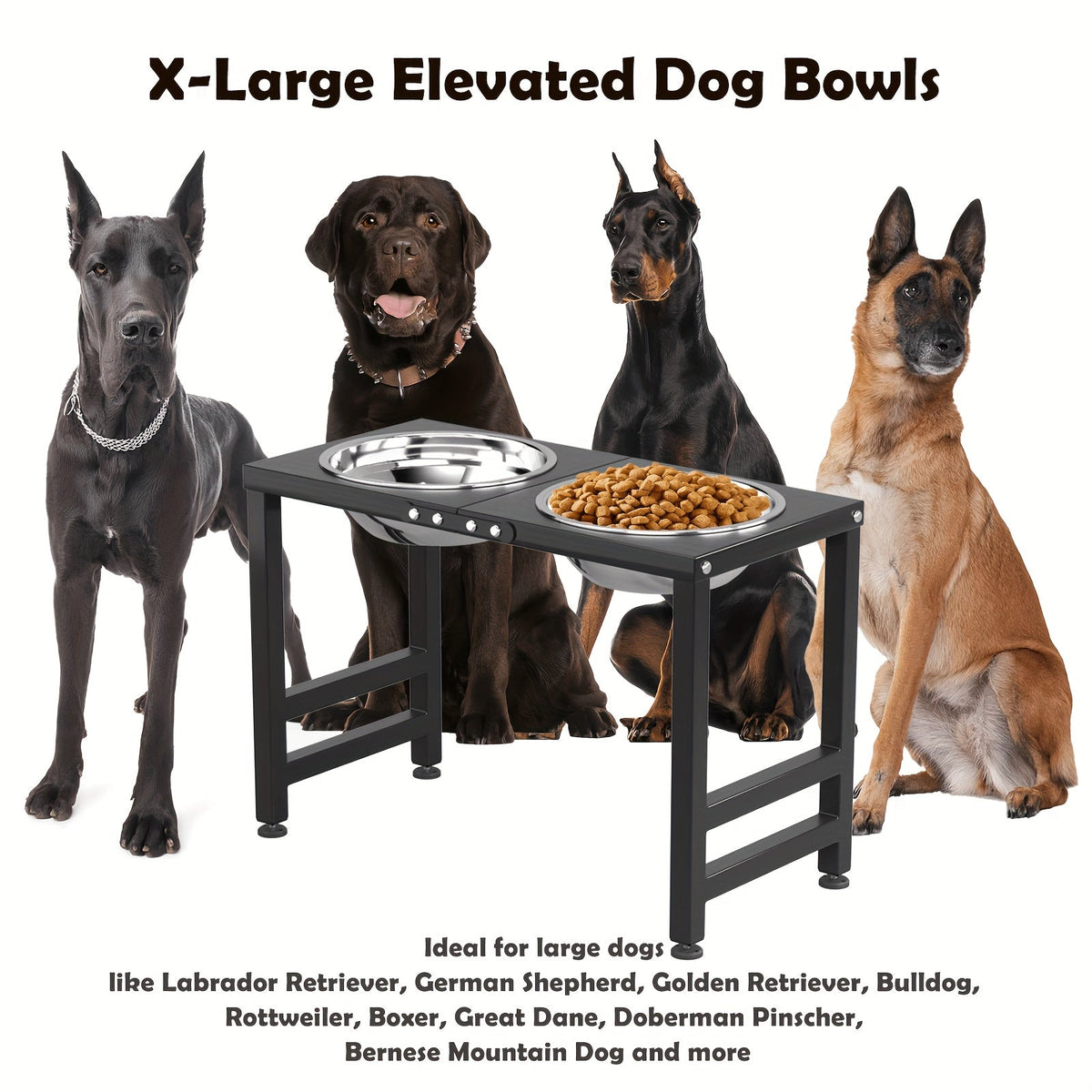 Raised Dog Feeding Station with Two 2L Stainless Steel Bowls, Metal Stand and Splash Mat for Large Dogs, 10 or 15.5 Inch Height Options