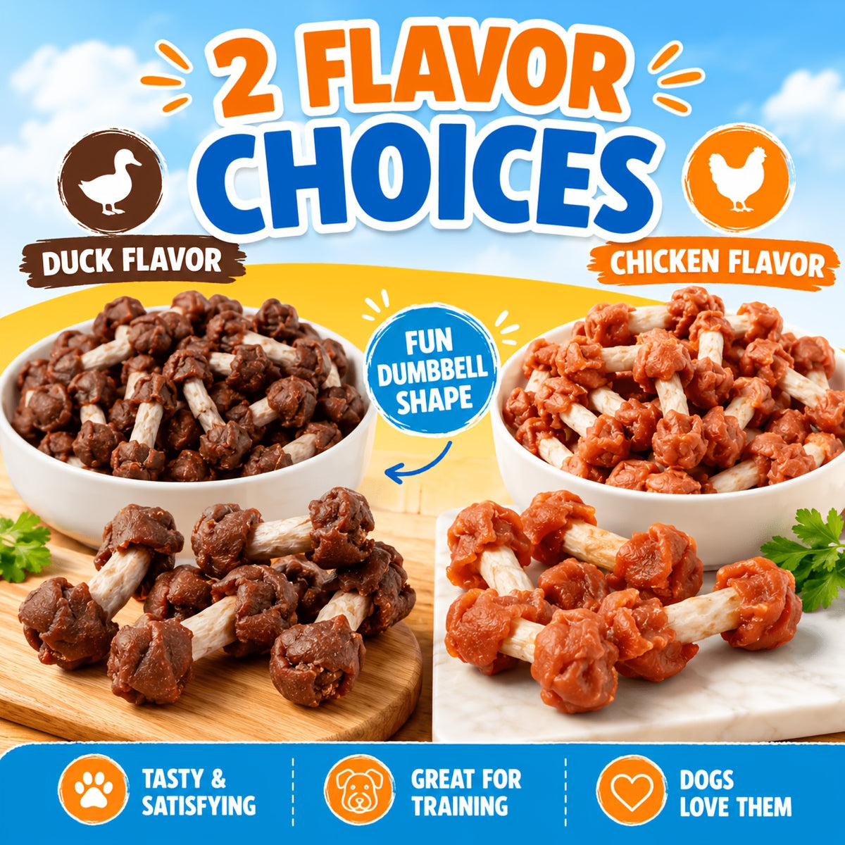 Triple Flavor Dog Chew Skewers with Chicken, Duck and Beef Options, Chicken Bone and Dumbbell Treat Selections for Supervised Snack Time