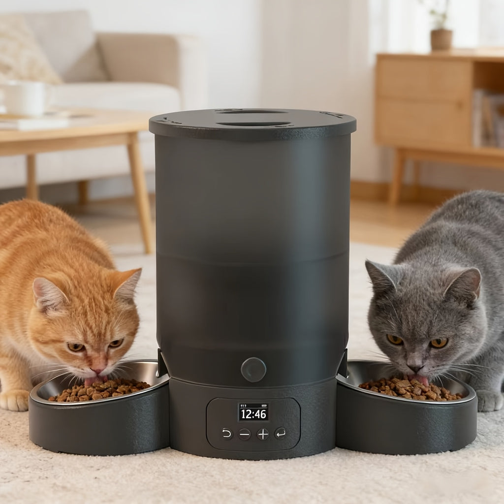 Timed Automatic Cat Feeder with 2 Stainless Steel Bowls, 101.44oz Button-Control Food Dispenser, 1-10 Feedings and Dual Power for Multi-Pet Homes