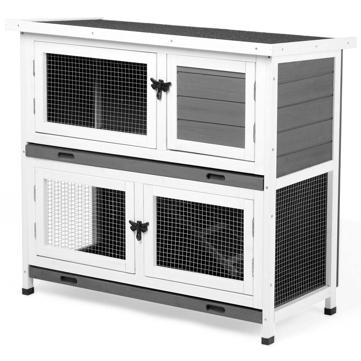 Wooden Rabbit Hutch with Ramp and Run, Gray 35.8 Inch Bunny House with Separate Resting Area, Wire Enclosure and Sloped Roof for Pet Care