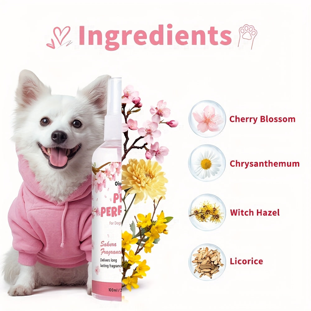 Cherry Blossom Pet Perfume Spray 100ml, Sakura Scented Pet Deodorizing Mist and Dog Cologne for Label-Directed Grooming Routines