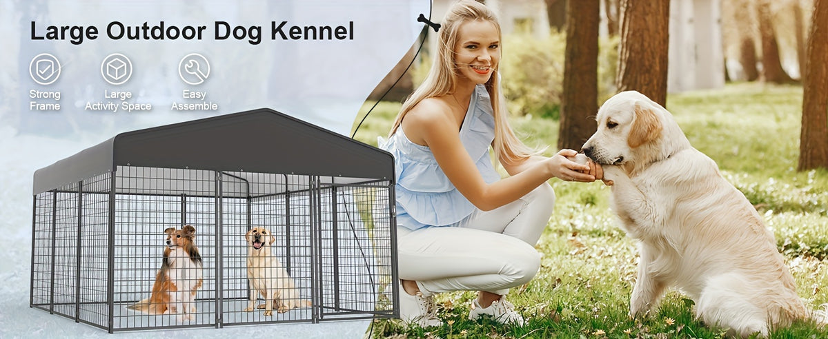 Outdoor Dog Run Enclosure with Roof Cover, Heavy-Duty Steel Mesh Kennel with Lockable Door and Ground Pegs, Four Size Options for Backyard and Farm