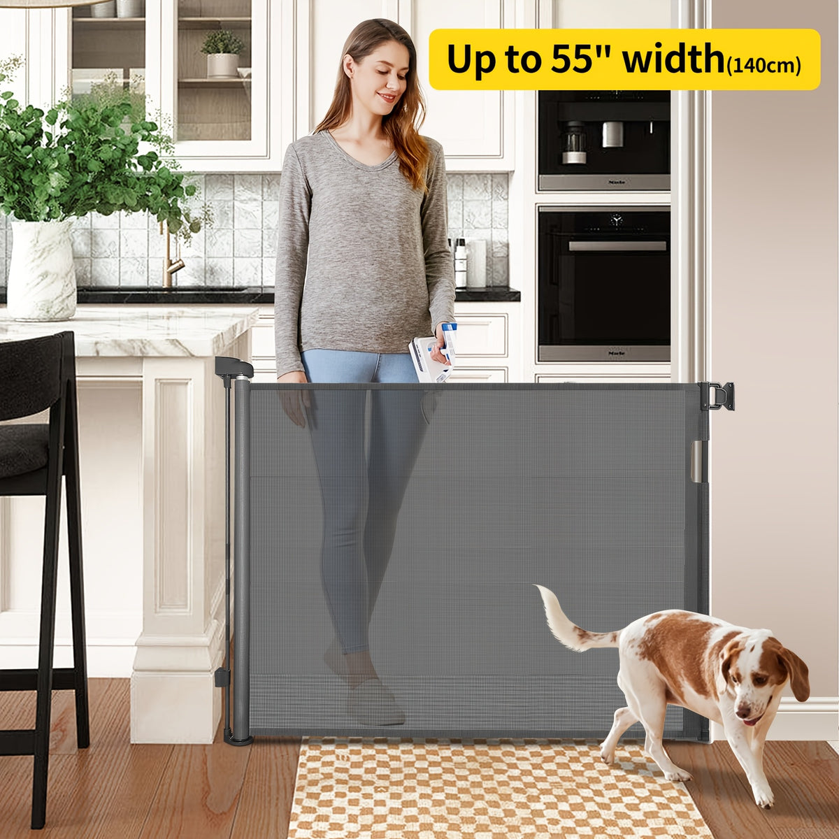 Retractable Mesh Dog Gate for Doorways and Hallways, Indoor Outdoor Pet Barrier in Black, White or Gray, Multiple Sizes up to 197 Inches Wide