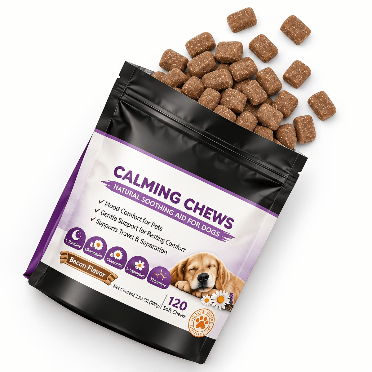 Pet Calming Soft Chews in Chicken Flavor, Bagged Supplement for Dogs and Cats with 1 or 2 Piece Options for Owner-Managed Wellness Routines