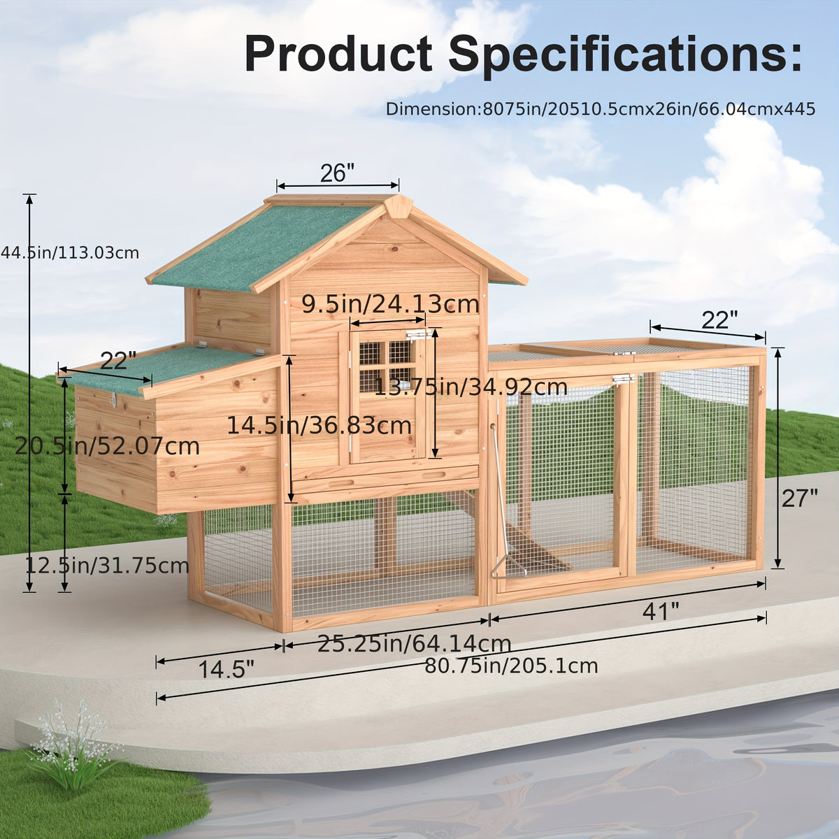 Wooden Chicken Coop with Run and Nesting Box, 80.7 Inch Fir Wood Outdoor Hen House with Ramp, Removable Cleaning Tray and Green Asphalt Roof