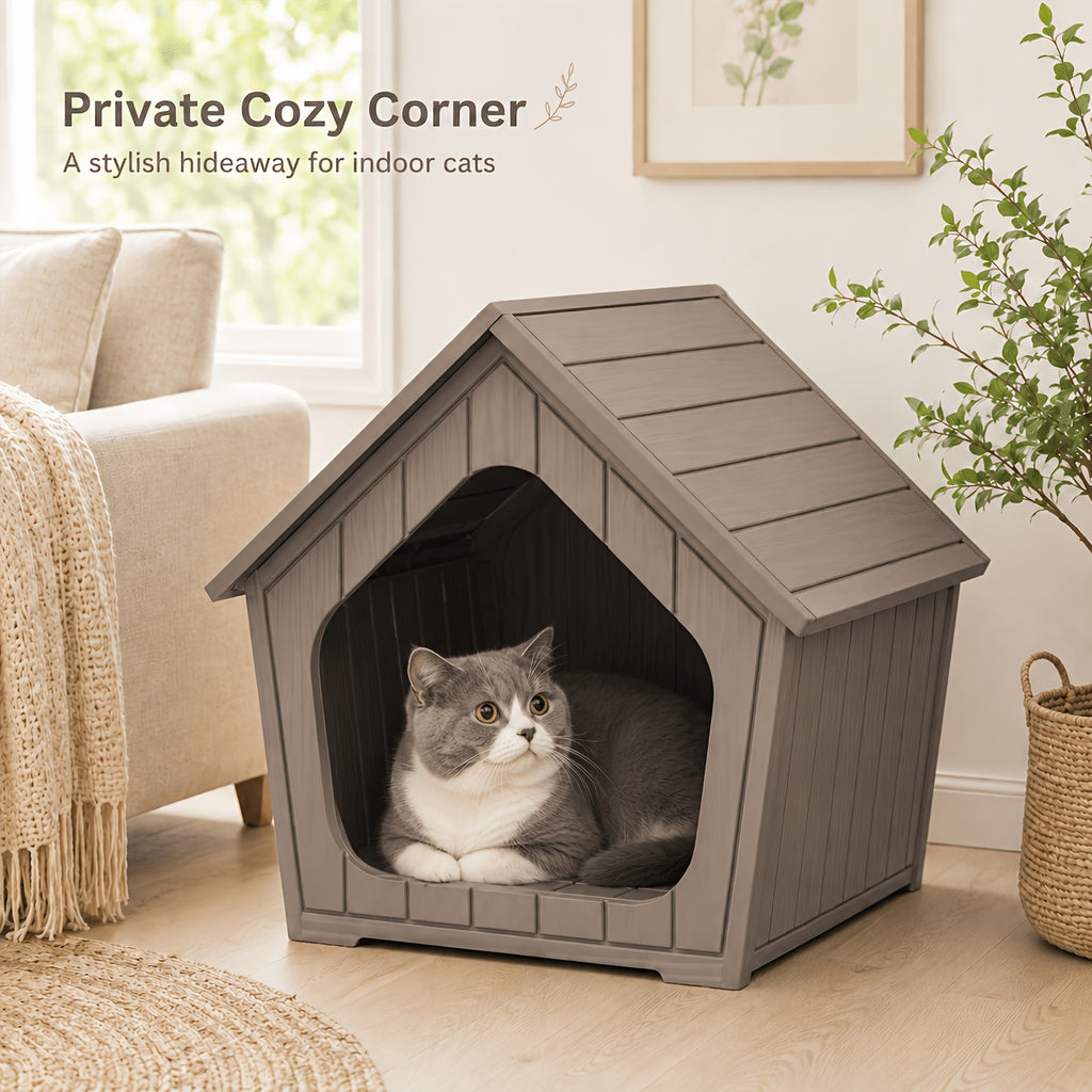 Resin Cat House with Raised Floor and Roof, XL Listed Pet Hideaway for Indoor and Sheltered Outdoor Rest, Blue or Light Brown, Assembly Required