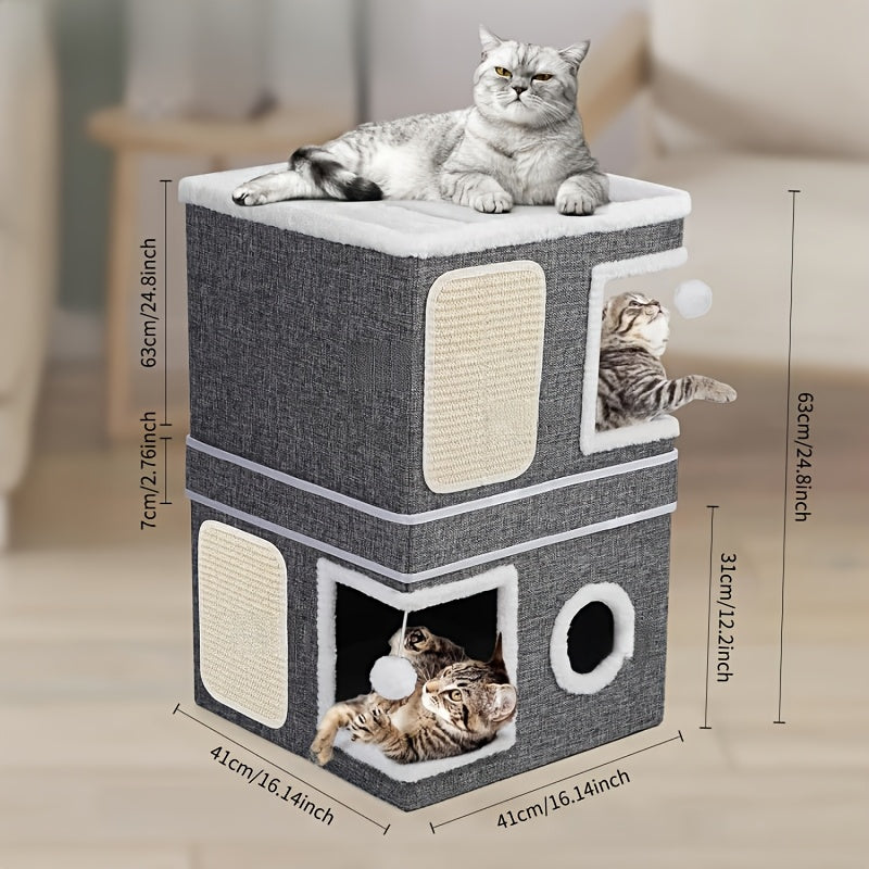 Foldable Cat Cube House for Indoor Cats, Canvas Hideaway Bed with Nylon Frame, Hanging Plush Ball and Four Style Options for Rest and Play