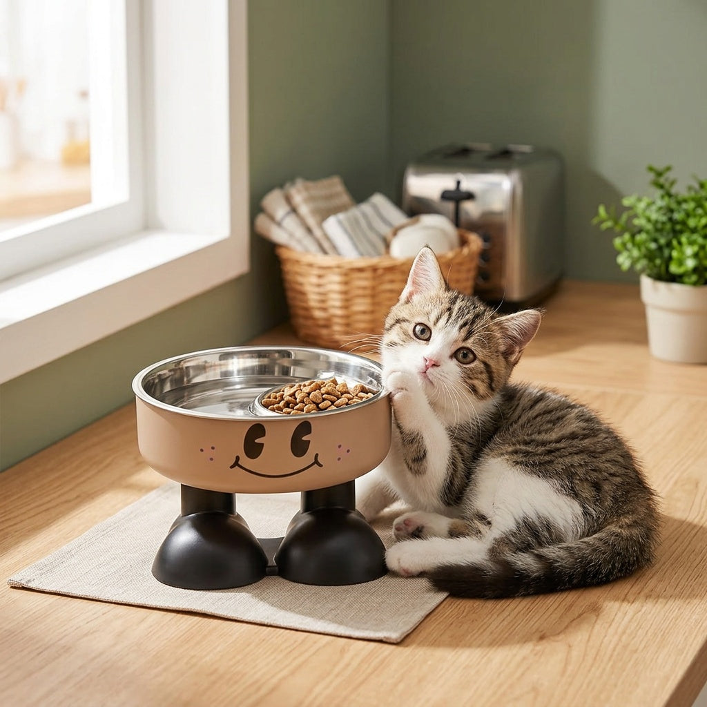 Raised Pet Bowl with Stainless Steel Dish, Anti-Slip and Anti-Tip Feeding Design for Kitten and Puppy Food or Water, Milky, Coffee Brown or Pink