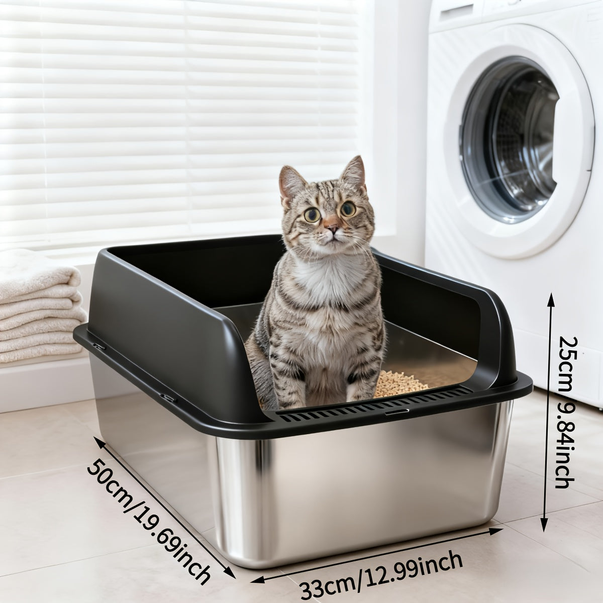 High-Sided Stainless Steel Cat Litter Box with Snap-Lock Design, Easy-Clean Metal Litter Tray for Indoor Cats, Black and Gray Options