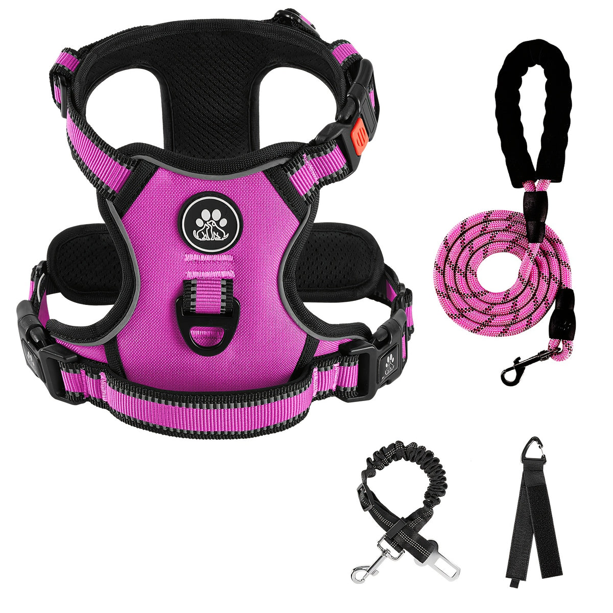 No Pull Dog Harness Set with Three-Buckle Open-Neck Design, Reflective Adjustable Vest, Padded Handle, Leash and Seat Belt, XS-XL