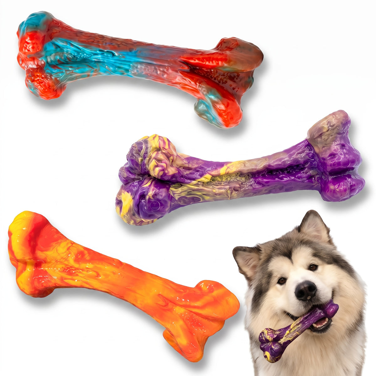 Beef-Scented Dog Chew Toys 3-Pack, Textured Bone-Shaped Chewing Toys for Medium and Large Dogs, Purple Red Orange Supervised Play Set