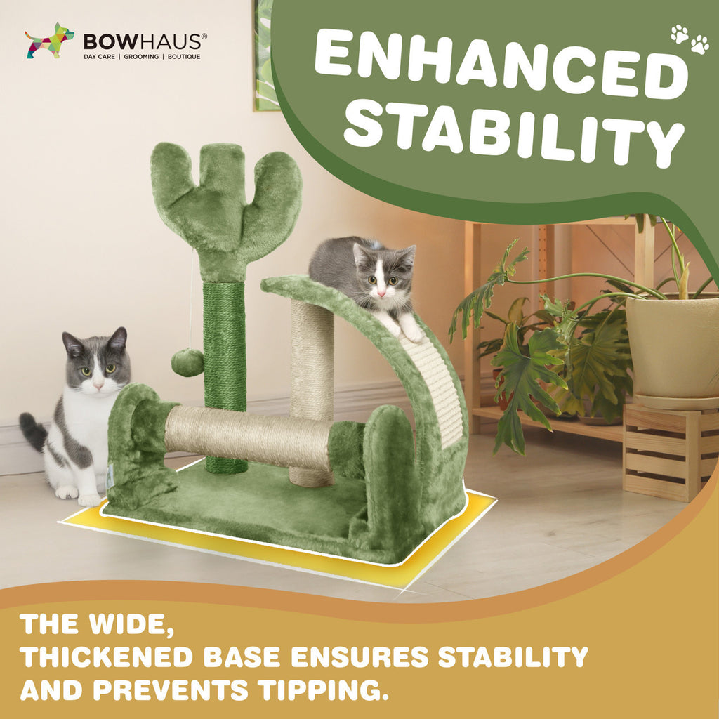 Small Cactus Cat Tree for Kittens, Green 20-Inch Indoor Cat Tower with Three Sisal Scratching Posts, Arched Pad and Interactive Ball