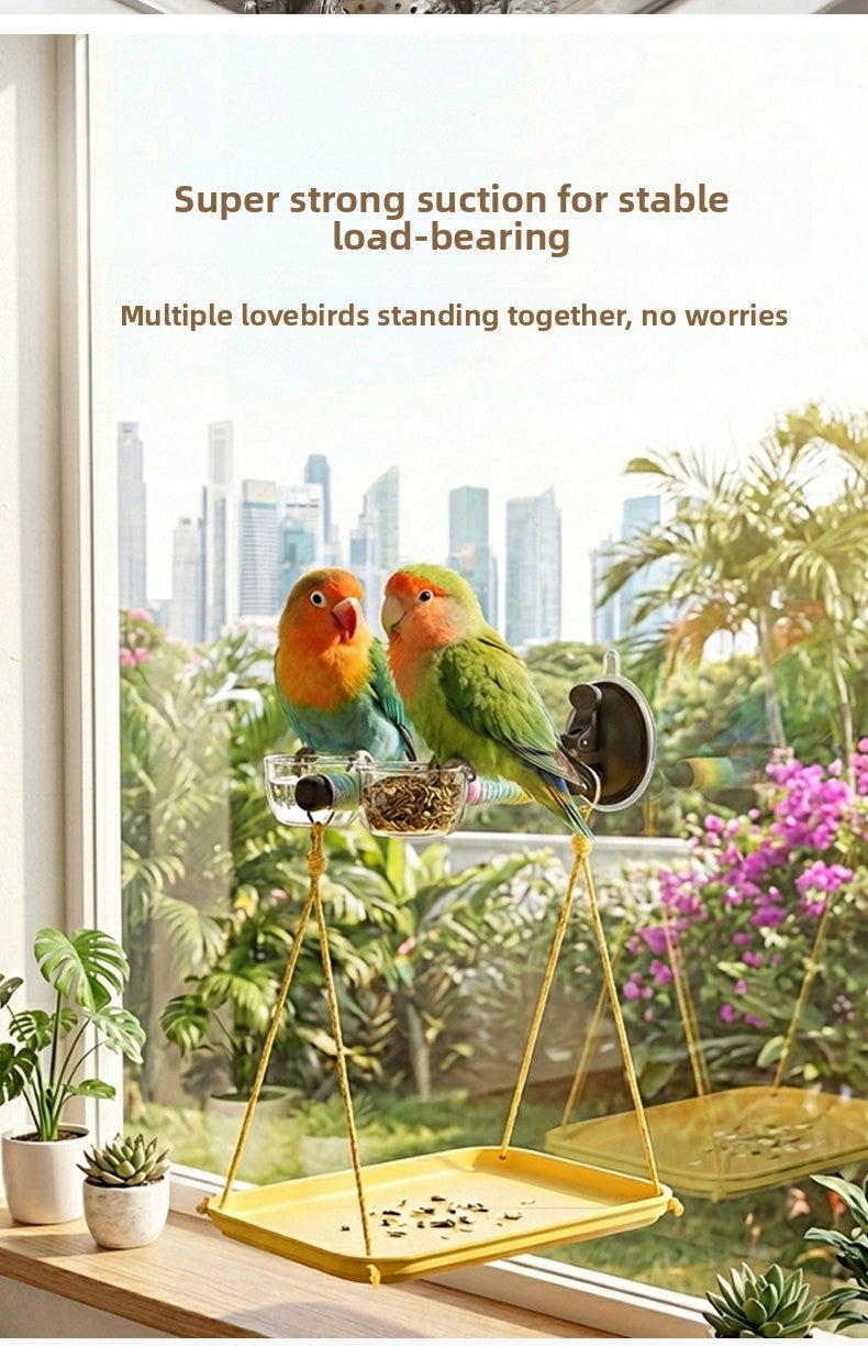 Bird Window Perch with Suction Cup, Parrot Stand with Waste Tray and Anti-Fly Chain, 3-Piece Set for Budgies, Parakeets and Cockatiels