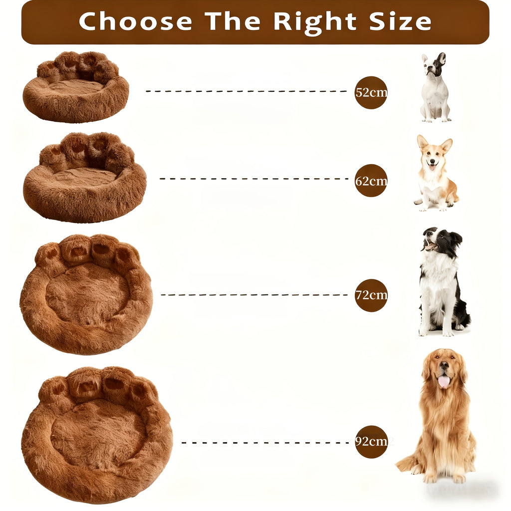 Paw Shaped Pet Bed for Dogs and Cats, Fluffy Plush Sleeping Nest with Raised Sides and Non-Slip Base, Brown Grey or Pink Red Size Options