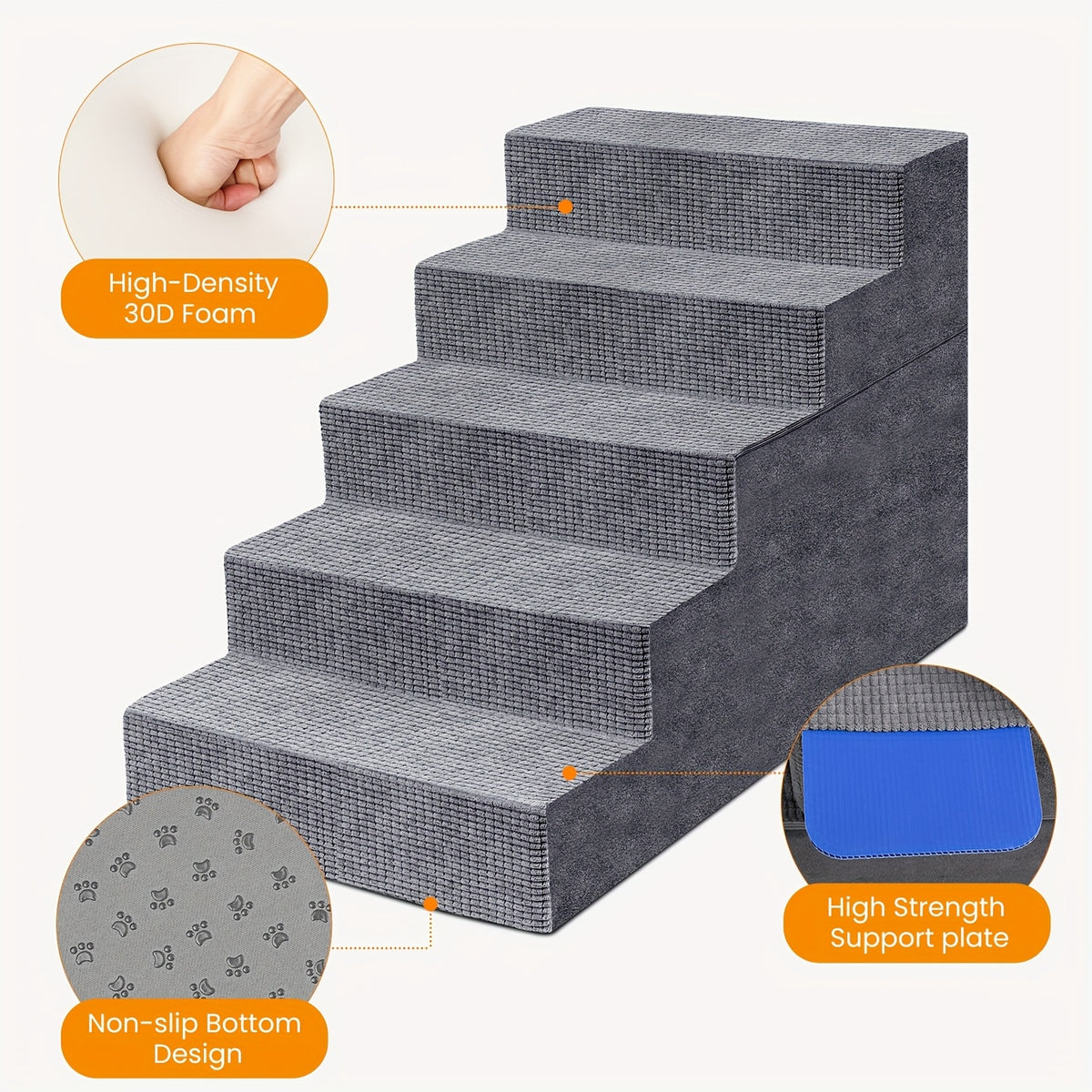 High Density Foam Dog Stairs, Gray 4-Step Pet Steps with Non-Slip Bottom for Small Dogs and Cats to Access Beds, Couches and Sofas