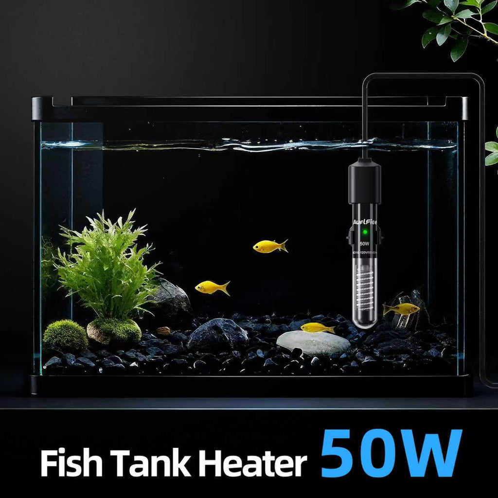 Small Fish Tank Heater 50W, Mini Submersible Aquarium Heater Preset to 78°F for 1-10 Gallon Tanks, 4.5-Inch Design with Thermometer Strip