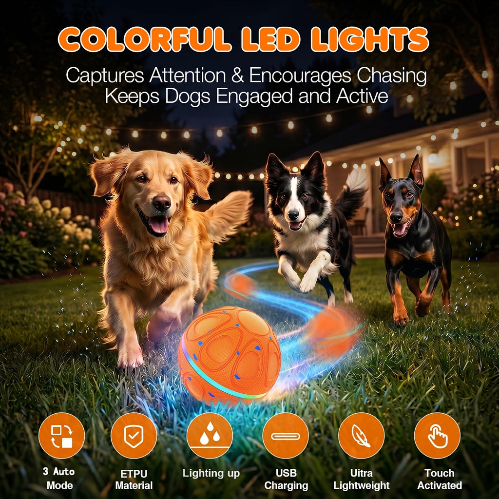 Rolling and Jumping Dog Ball with Colorful Lights, Rechargeable Interactive Chase Toy with Charging Cable for Supervised Indoor and Lawn Play