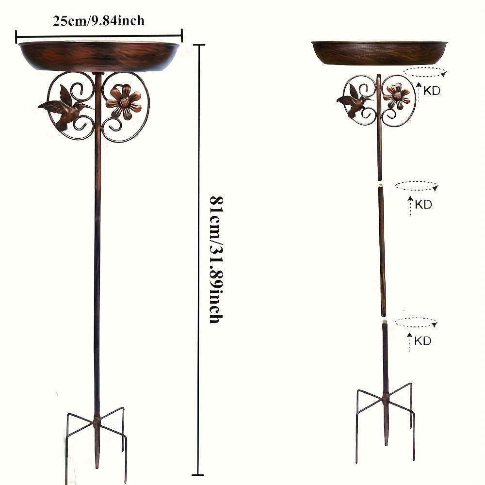 Sunflower Metal Bird Bath and Feeder with 5-Prong Ground Stake, Bronze Garden Basin with Hummingbird Accent, Single or Double-Layer Options, No Fountain
