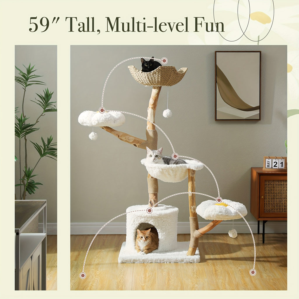 Flower Cat Tree with Floral Perches and Scratching Posts, Wooden Bohemian Indoor Cat Tower Furniture in White and Brown Style Options