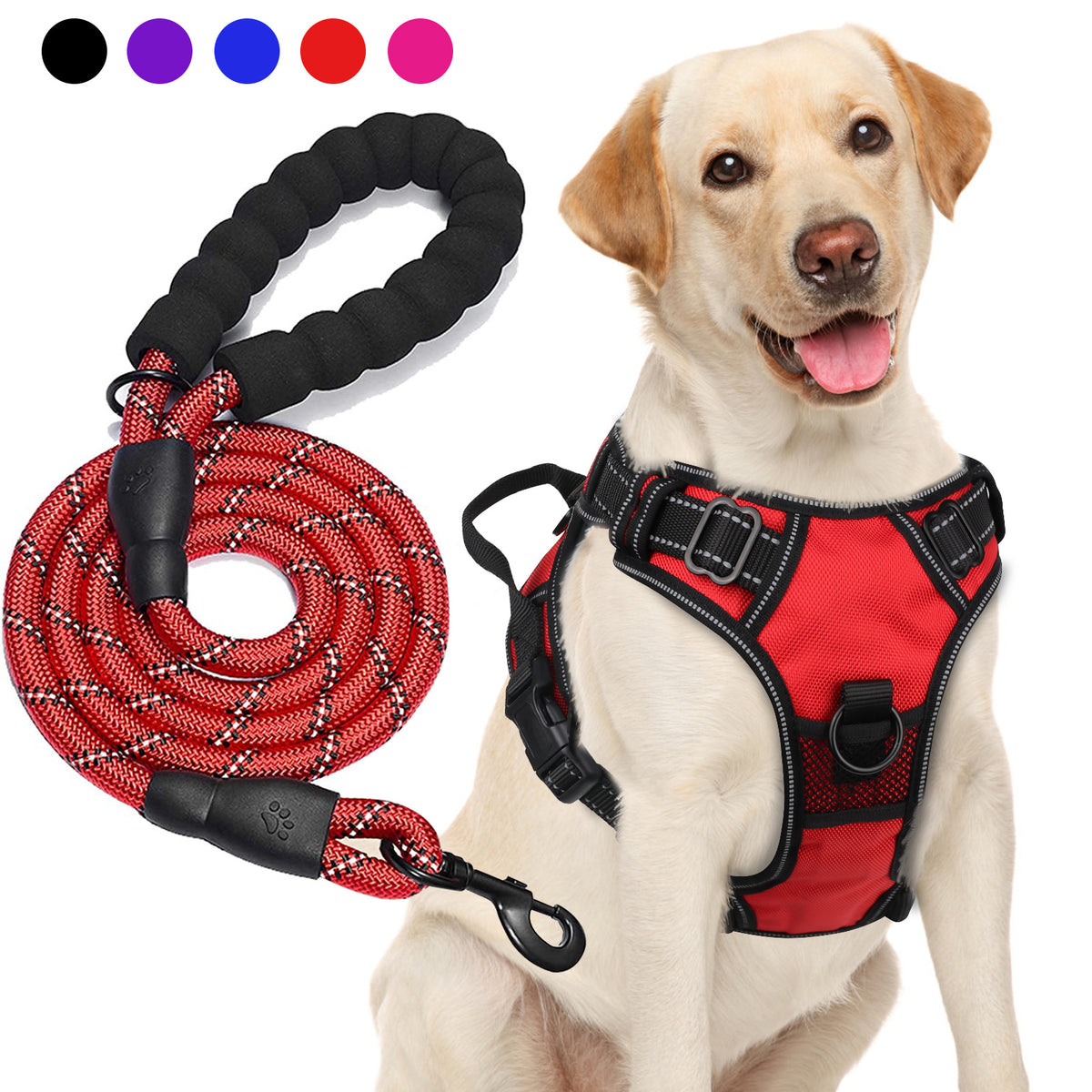 Oxford Dog Harness and Rope Leash Set, Adjustable Reflective Mesh-Padded Walking Vest with Four Fit Points and 5-Foot Padded-Handle Lead, S to XL