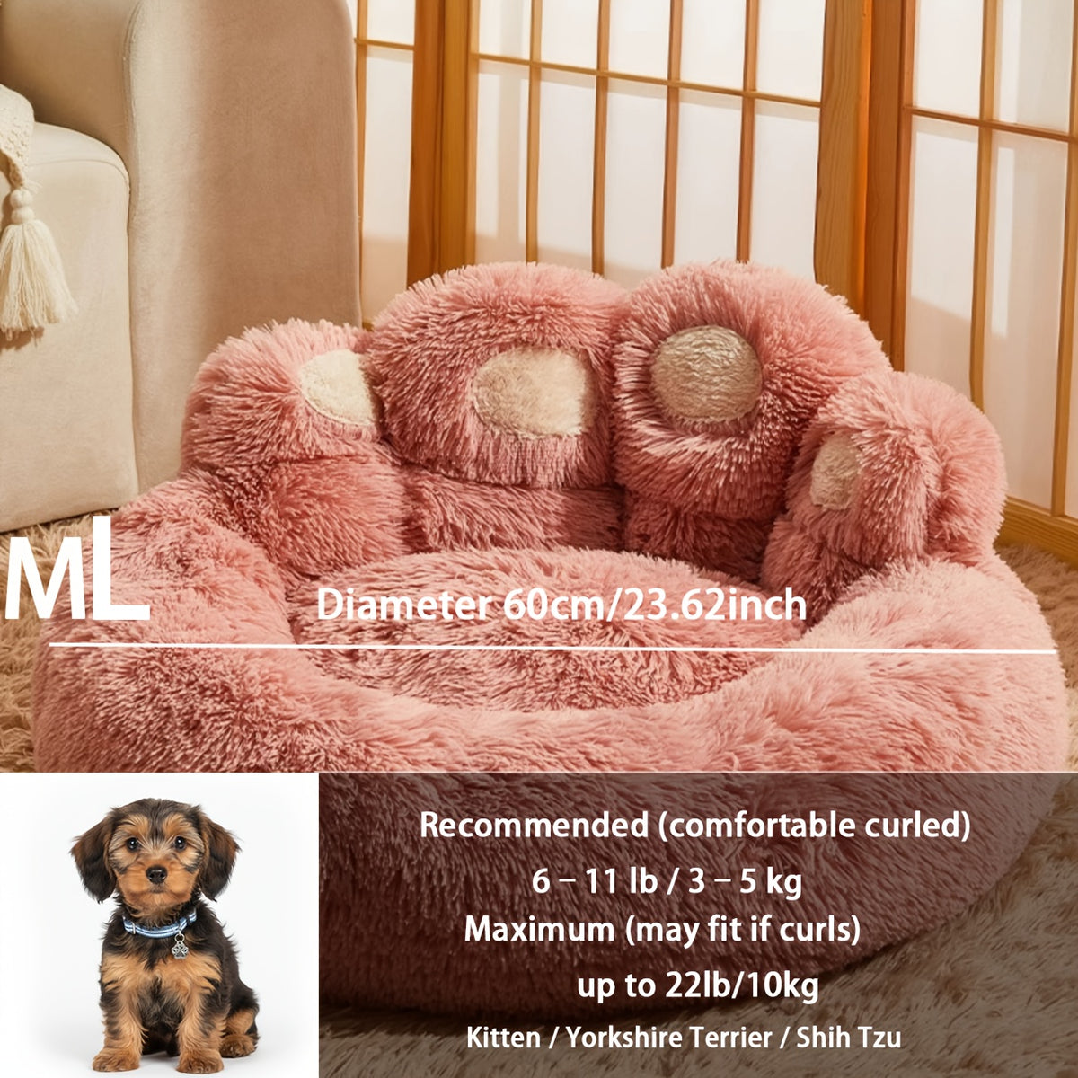 Dog Bed with Bear Paw Bolsters, Thick Plush Cat Sleeping Cushion with Non-Slip Bottom, Pink Grey or Coffee in 60cm, 70cm and 100cm Sizes