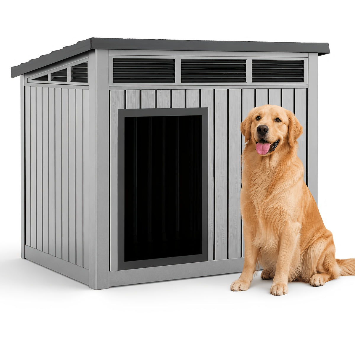 Ventilated Dog House with Slanted Roof, Black or Grey Indoor Outdoor Pet Shelter with Listed Waterproof and UV-Resistant Features for Large Dogs