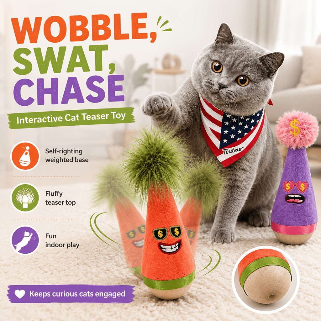 Cat Wobble Feather Toy with Cat Mint Powder, Interactive Hunting and Chasing Teaser for Indoor Kittens and Adult Cats, Purple or Red Styles