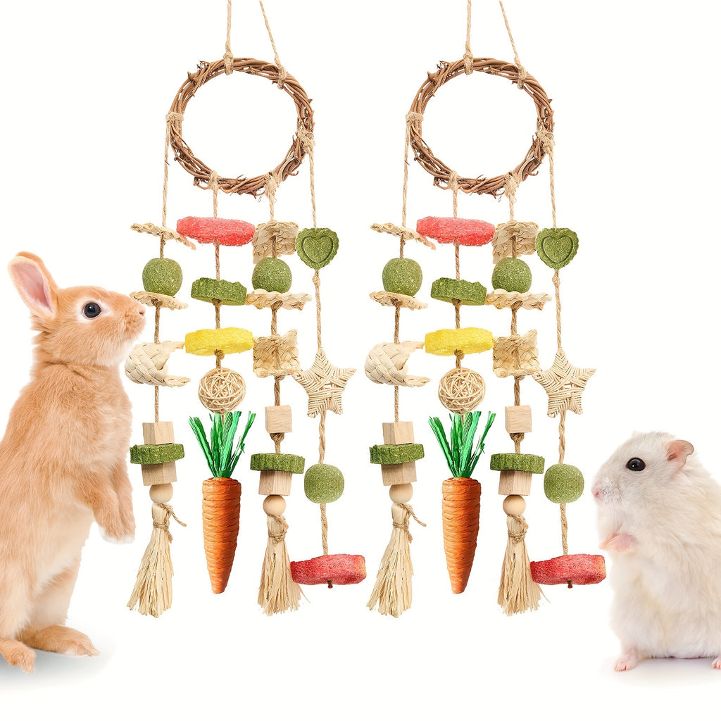 Hanging Rabbit Chew Rings 2 Pack, Rattan Bunny Cage Toys with Snacks for Supervised Small Pet Enrichment, Rabbit and Hamster Listed Option