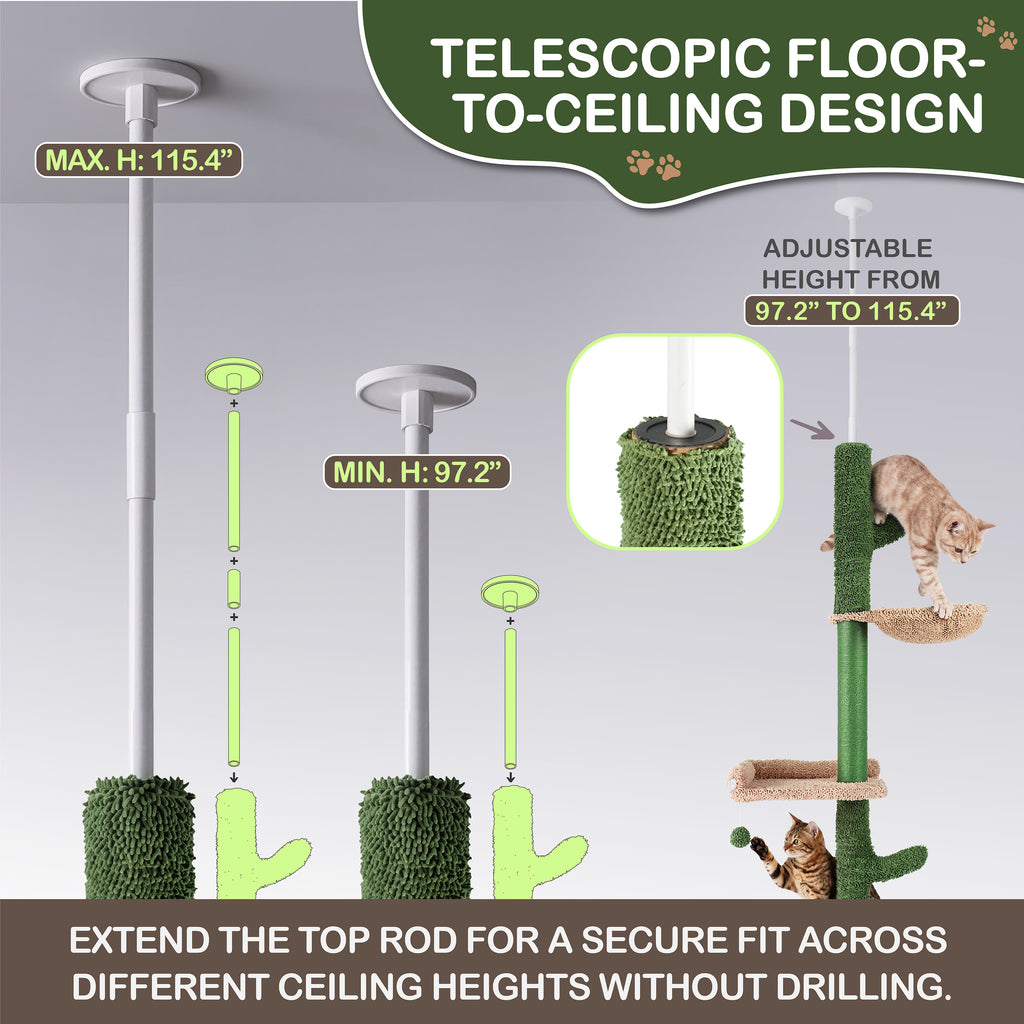Floor to Ceiling Cat Tree with Hammock, Adjustable Cactus Cat Tower with Sisal Scratching Post, Faux-Fur Platforms and Interactive Playball for Indoor Cats