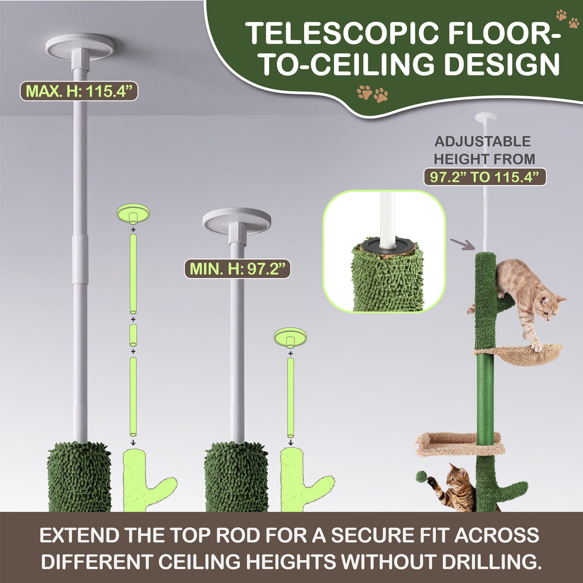 Floor to Ceiling Cat Tree with Hammock, Adjustable Cactus Cat Tower with Sisal Scratching Post, Faux-Fur Platforms and Interactive Playball for Indoor Cats