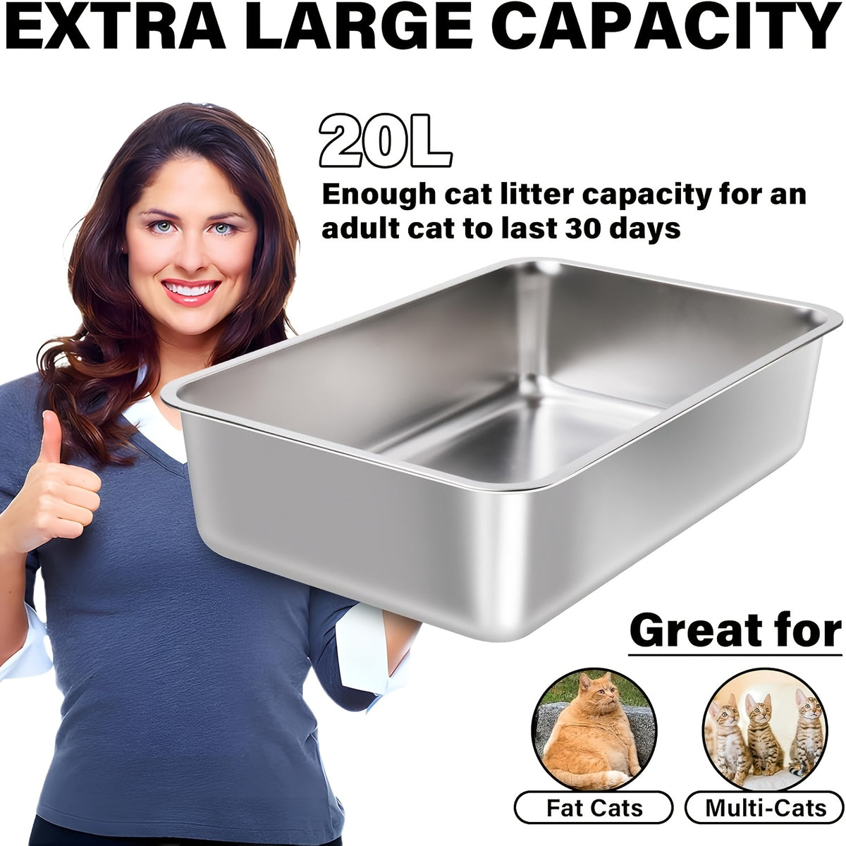 Stainless Steel Cat Litter Box Twin Set, 2-Pack Easy-Clean Metal Litter Pans with 2 Scoops and Non-Slip Bottom Pads, Three Size Options