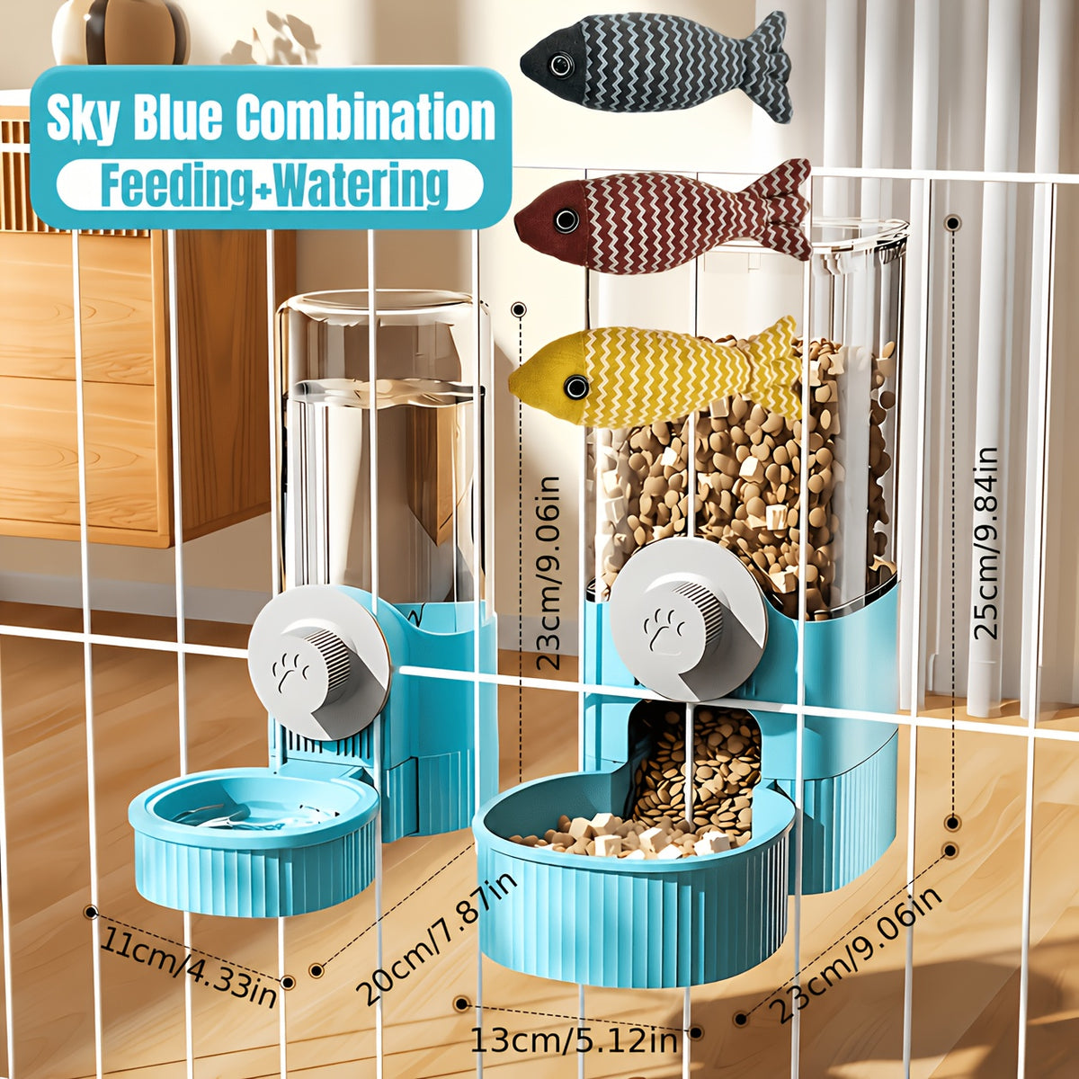 Hanging Gravity Pet Feeder and Water Dispenser Set, Battery-Free Cage-Mounted Food and Water Bowls for Daily Pet Care, Blue or Gray