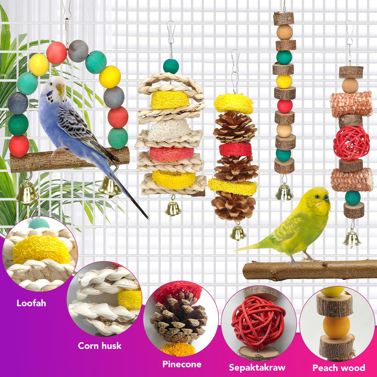 Parrot Chew Toy Set 7 Pieces with Corn Husks, Loofah, Rattan Balls and Wooden Beads, Hanging Bird Cage Toys with Swing and Perches for Daily Enrichment