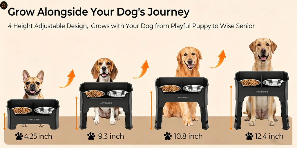 Splash Guard Elevated Dog Bowls with Four Adjustable Heights, Two 53oz Stainless Steel Bowls and Non-Slip Feet for Everyday Food and Water
