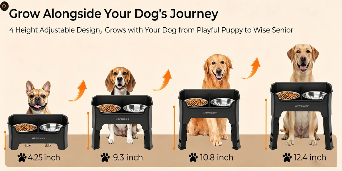 Splash Guard Elevated Dog Bowls with Four Adjustable Heights, Two 53oz Stainless Steel Bowls and Non-Slip Feet for Everyday Food and Water