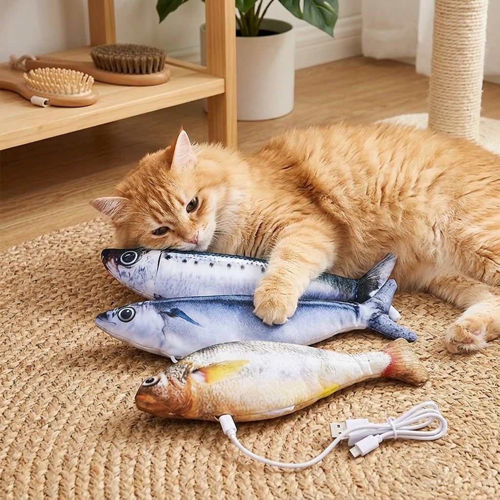 Flopping Fish Cat Toy 3-Pack, Touch-Activated Type-C Rechargeable Interactive Fish with 3 Swing Modes and Removable Motor for Indoor Cat Play
