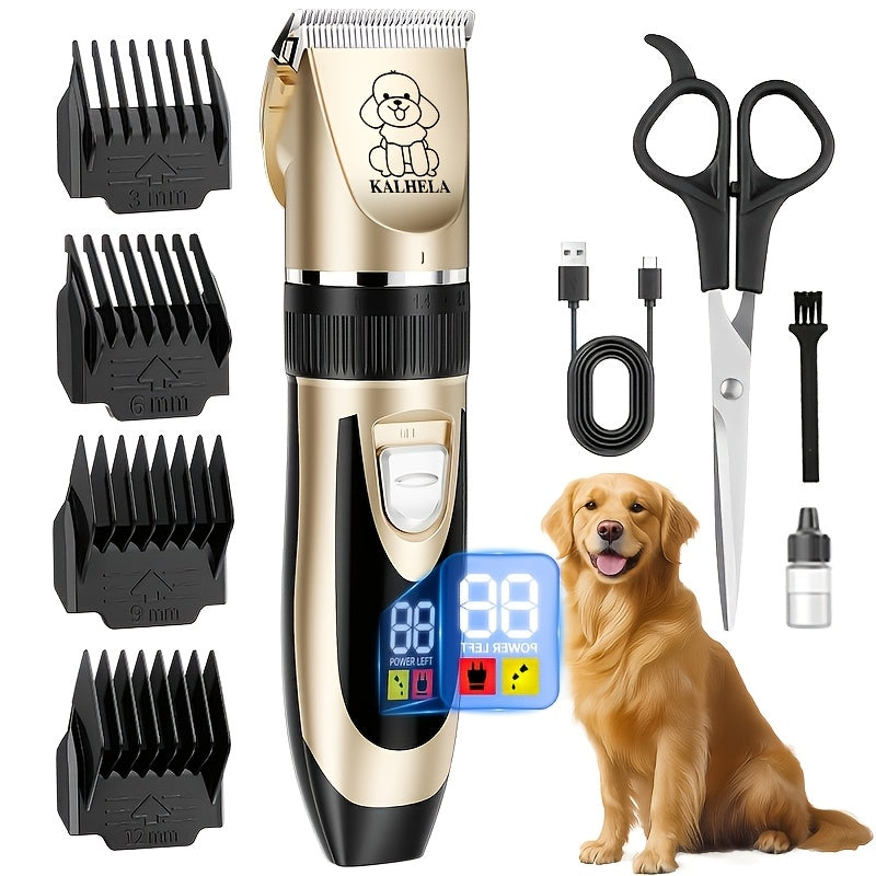 Electric Pet Clippers for Dogs and Cats, Rechargeable Low-Noise Hair Trimmer for At-Home Grooming with Three Gold Grooming Set Options